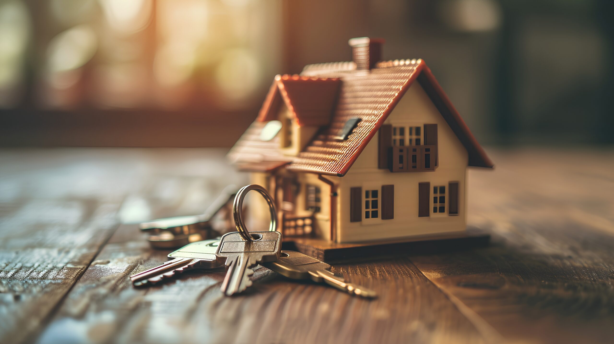 A miniature model of a cozy tiny house with a set of silver keys placed beside it, symbolizing the concept of purchasing a small home or property in the real estate market.