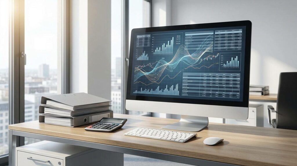 Bildschirm mit elektronischer Bilanz und XBRL-Datenstruktur für die E-Bilanz Taxonomie